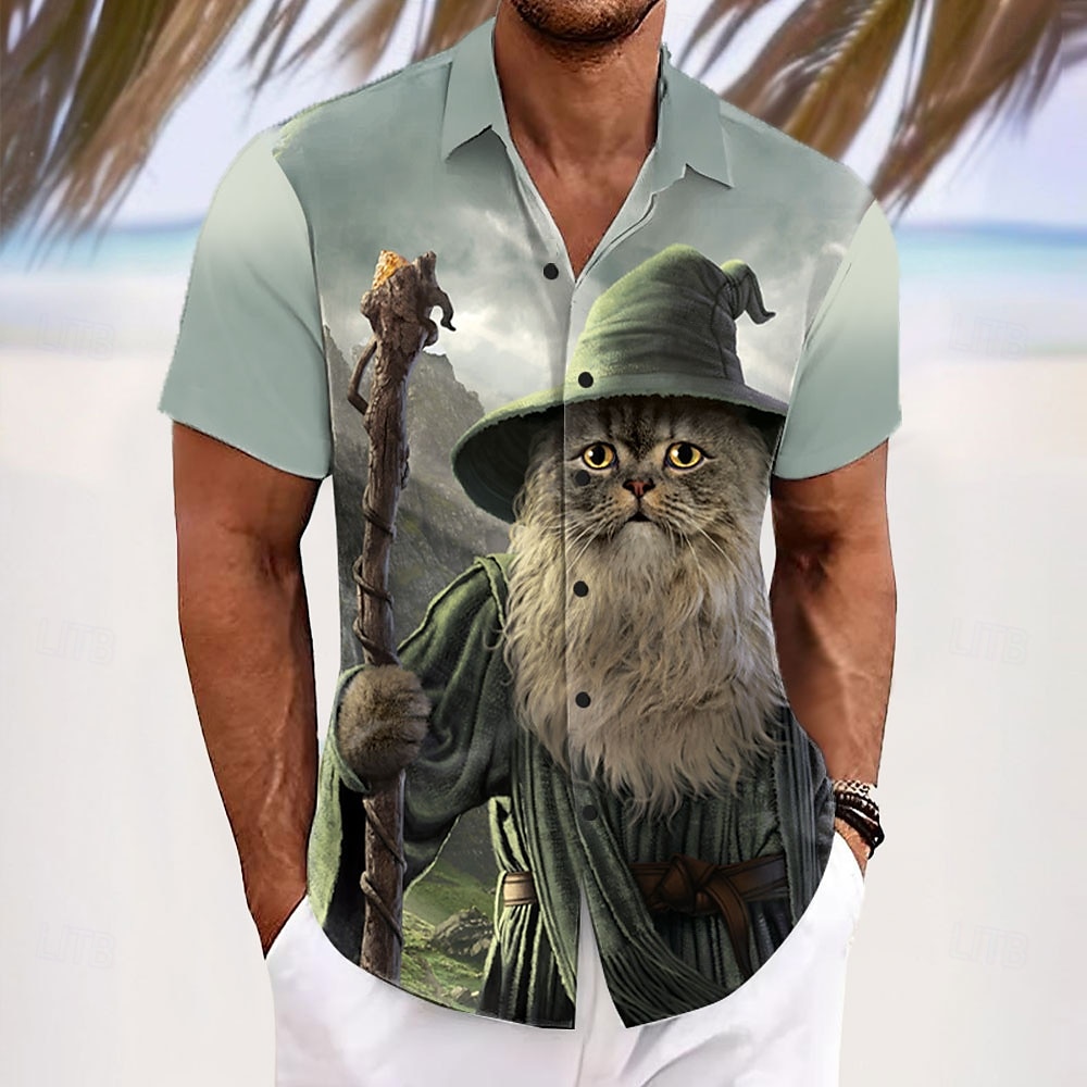 catdalf def, vincent hie férfi macskavarázsló gombos ing rövid ujjú designer ing limitált művészi kiadás 2025 - $23.99 –P1