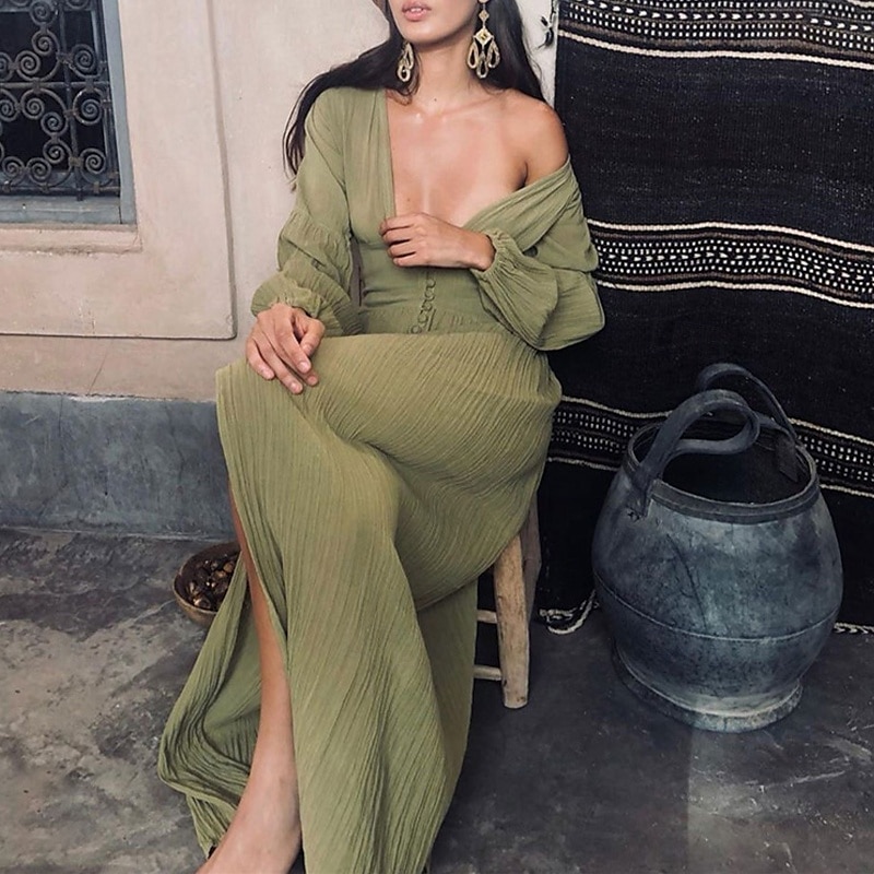 Femmes Robe Longue Maxi Robe Robes en coton et lin Robe de Bal Robe Décontractée Robe d'été ancien Mode Extérieur Fête Date Coupe régulière Uni manche longue Décolleté plongeant Rose Claire Vert Beige de 2025 ? $26.99 –P2