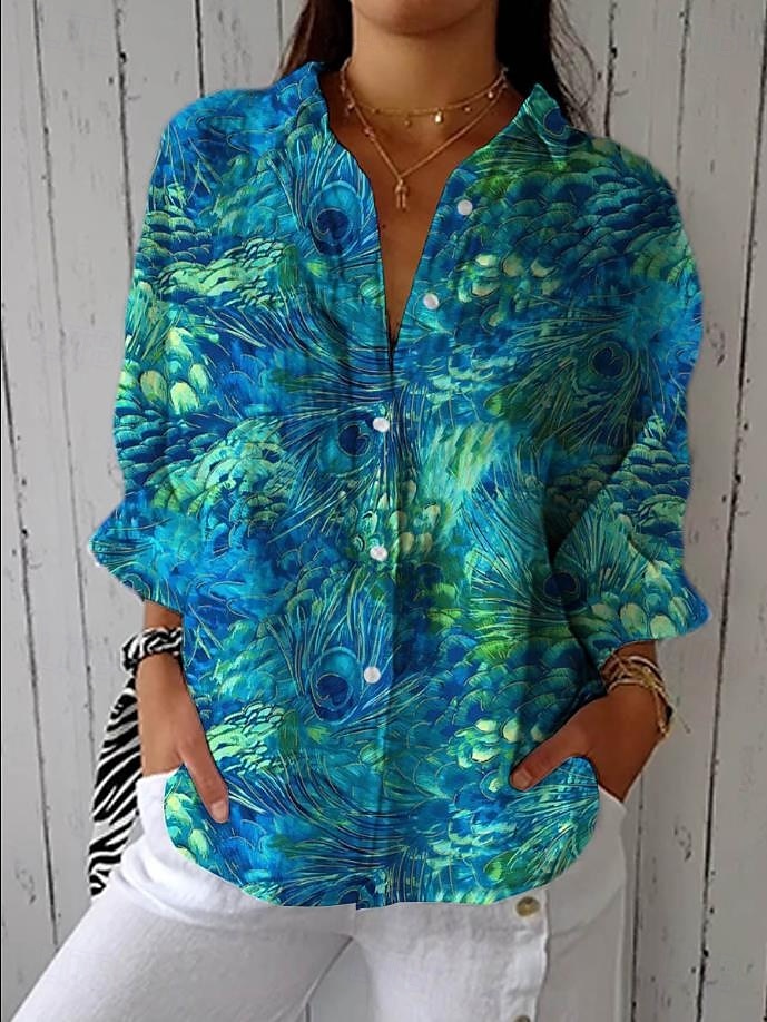 Camicia da donna in lino, camicetta, floreale, grafica, elegante, casual, a maniche lunghe, colletto, normale, top, quotidiano, vacanza, uscite, bottoni, blu cielo, azzurro, viola, verde, estate, del 2025 a $32.99 –P3