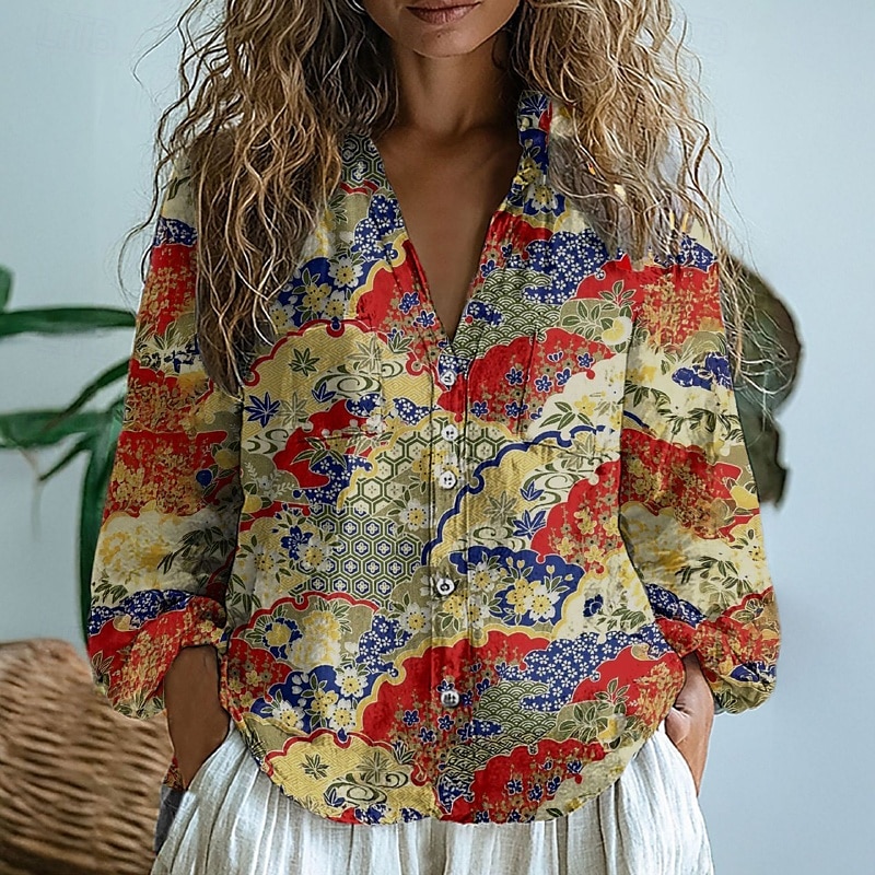 Femmes Chemise Chemise en coton et lin Chemisier Fleur Élégant Moderne manche longue Col en V Hauts Réguliers Quotidien Fête Sortir Imprimé Jaune Vin Rouge bleu marine Bleu Été de 2025 ? $24.99 –P2