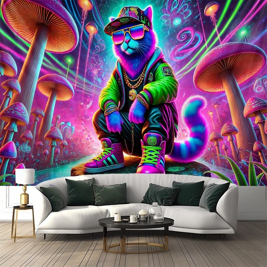 Tenture lumineuse sous lumière noire glow in the dark fête luminescente réactive aux UV motif de chat de rue paysage naturel brumeux trippant œuvre d'art murale pour salon chambre de 2025 ? $15.99 –P5