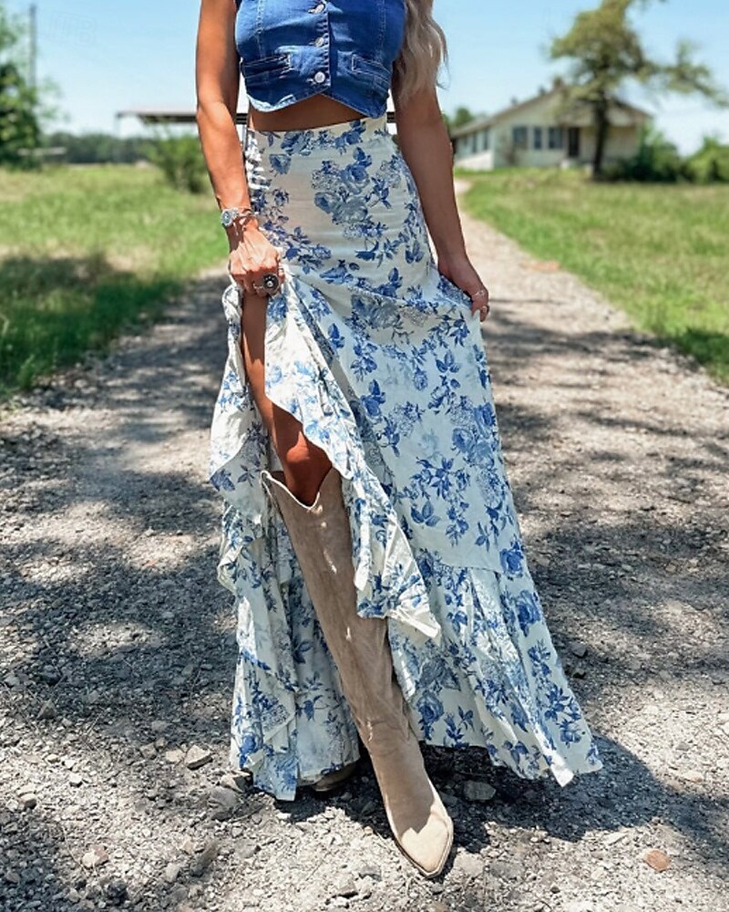 Femmes Jupe Occasionnel Boho Maxi Taille Basse Jupes Fleuri Imprimé Fendu Micro-Élastique Vacances Rue Blanche Été Polyester de 2025 ? $20.99 –P1