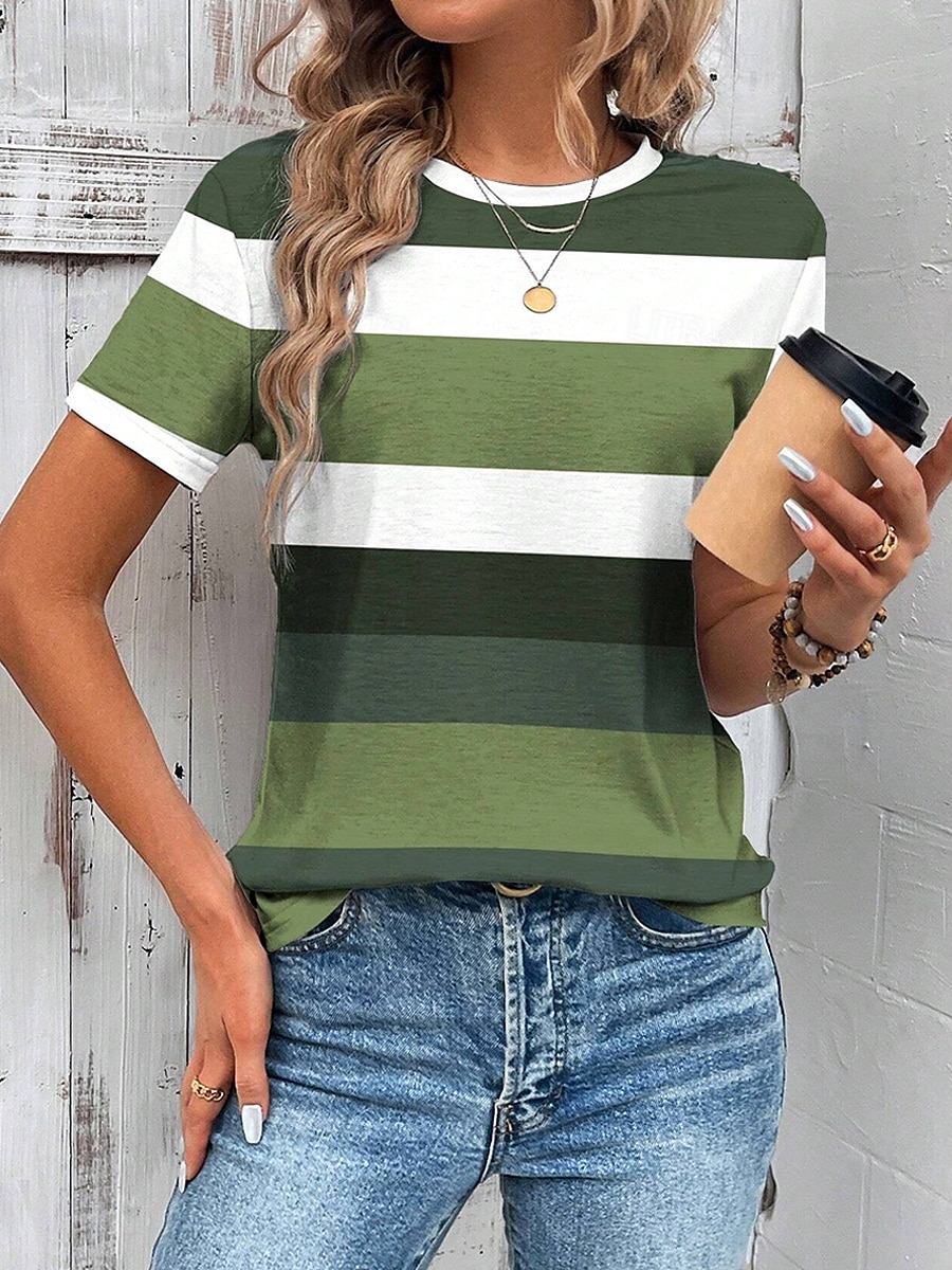 Damen T Shirt Druck Grafik Geometrisch Gestreift Vintage Stilvoll Klassisch Kurzarm Rundhalsausschnitt Rundhals Normale Oberteile Täglich Gras-Grün Khaki Sommer Frühling 2026 - $22.99 –P5