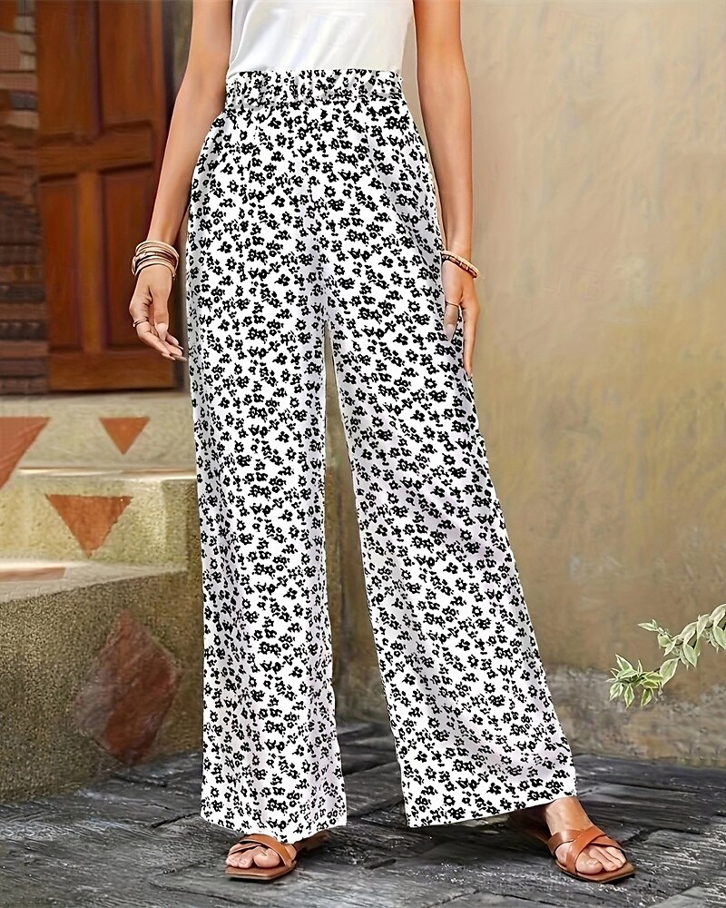 Pentru femei Picior Larg Pantaloni Vacanță Modă Lungime totală Talie medie Flori Talie elastică Respirabil Comfortabil Micro-elastic Stradă Purtare Zilnică Ieșire Negru Alb Galben Trifoi Vară Fit 2025 - $19.99 –P5