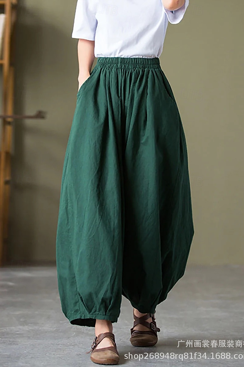 Per donna Pantaloni in cotone e lino Culotte Moda Streetwear Lunghezza intera Naturale Semplice Tasca Elastico in vita Comodo All'aperto Confortevole Vacanza Weekend Marrone rossastro Nero Verde del 2025 a $32.99 –P9