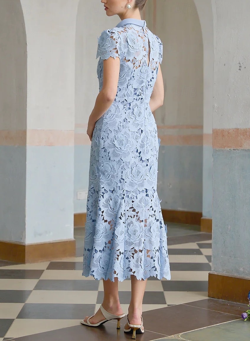 Robe Cocktail Colonne Jaune Bleue Élégante Robe Brodée Mariage Formelle Longueur Cheville Manches Courtes Col Montant Dentelle avec Fente de 2025 ? $151.99 –P8