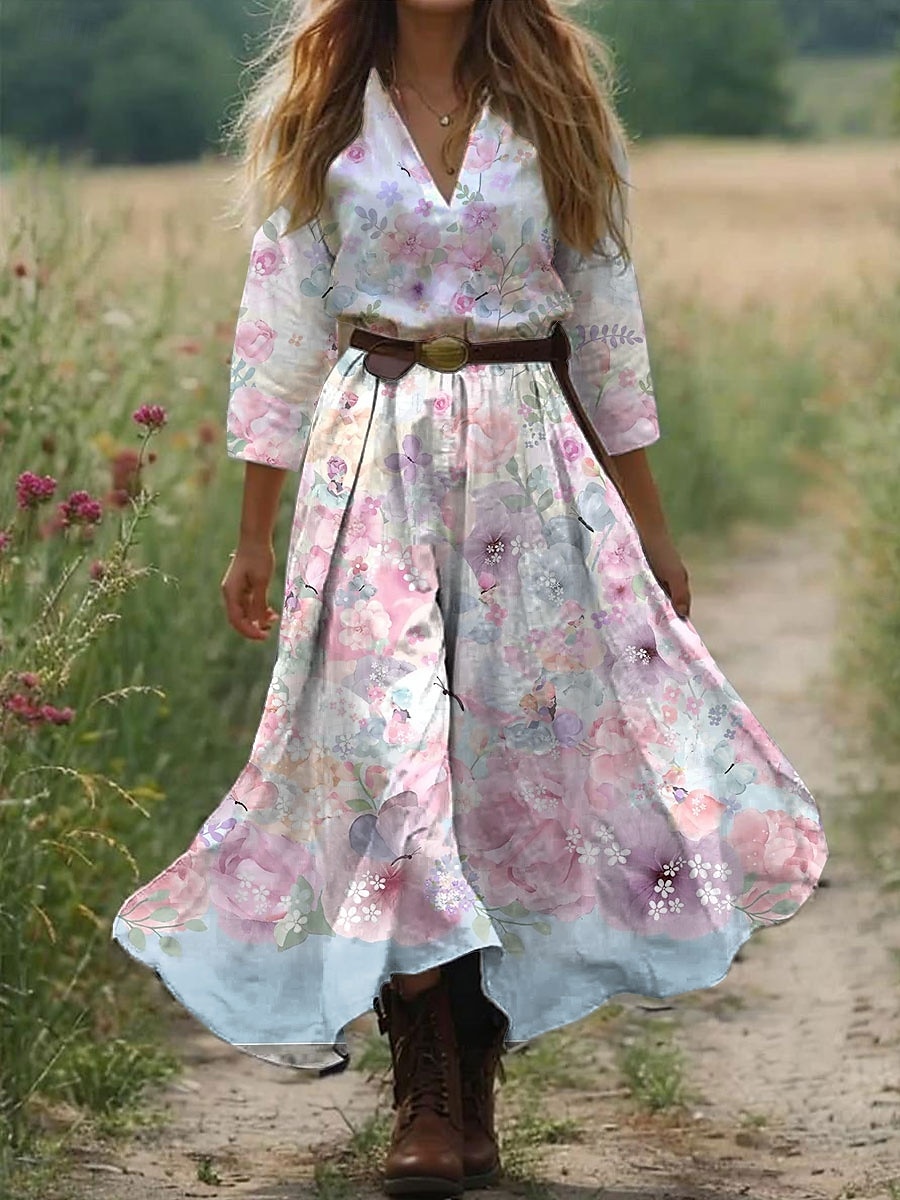 Per donna Abito Midi Abito a trapezio Vacanza Casual Boho All'aperto Uscire Spiaggia Vestibilità comoda Floreale Grafico Manica 3/4 Scollo a V Rosa Blu Arancione Verde Estate del 2025 a $35.99 –P4