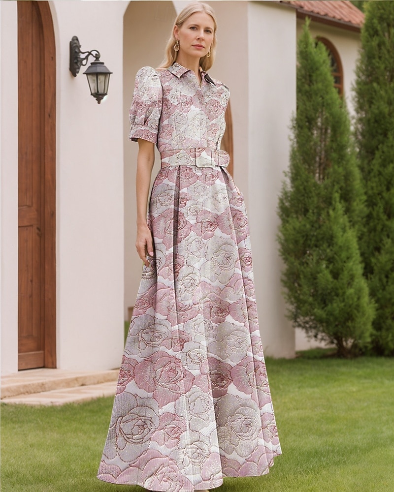 Jacquard Brokade Blomstrete Blå A-Linje Kveldsdrakt Elegant Kjole Formell Bryllup Gulvlengde Korte Ermer Skjortekrave Nylon med Splitt Lomme Bryllupsgjest Kjole 2025 - $144.99 –P6
