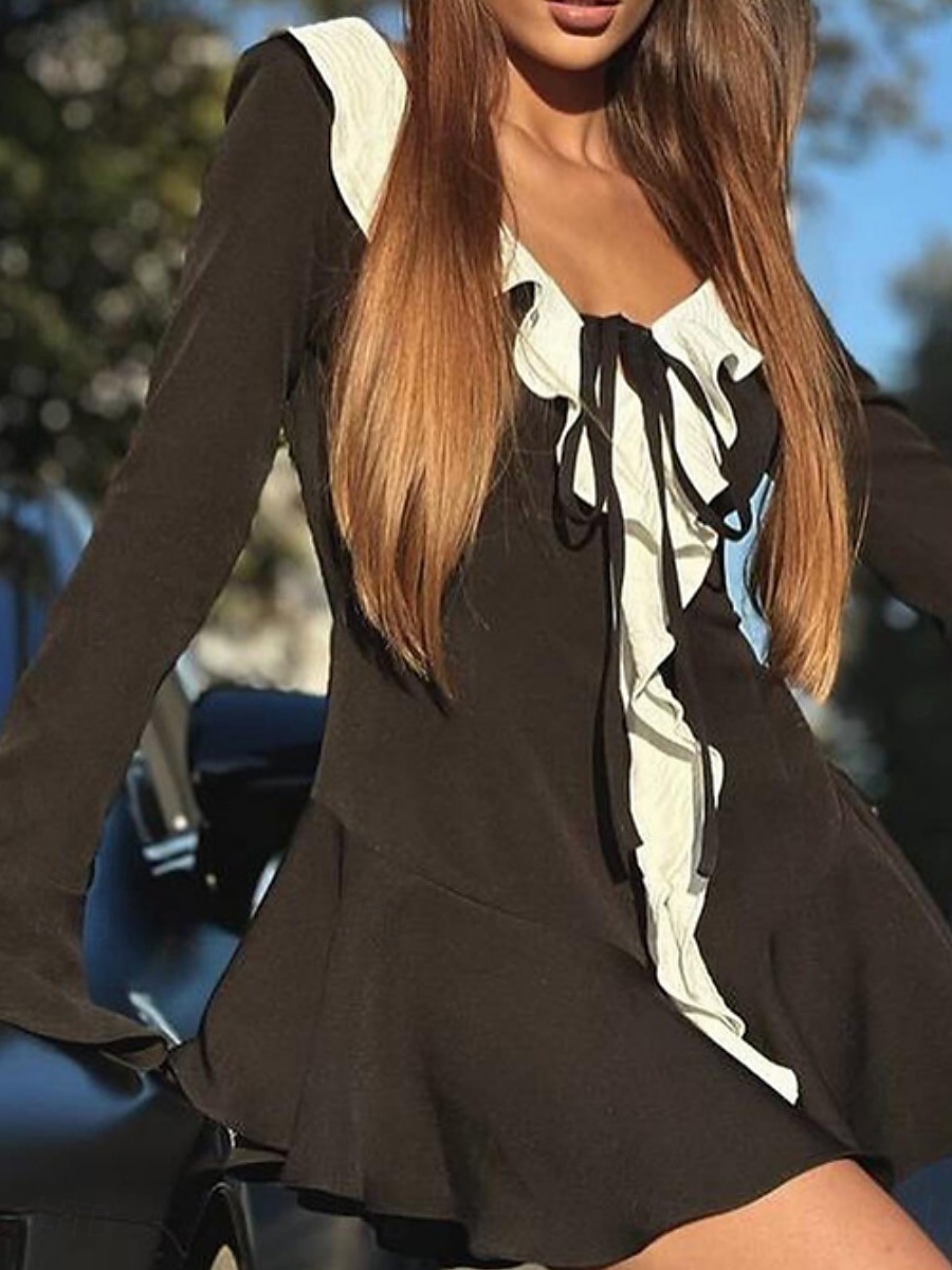 Women's Boho Dress Western Dress Vintage Mini Dress A Line Dress Ruffle Dress Casual Going out Beach Regular Fit Graphic Long Sleeve V Neck Black Summer 2025 - $29.99 –P4