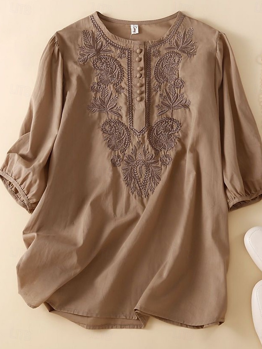 Dames Overhemd Bloemig Basic Casual Halve mouw Strakke ronde hals Normale tops Dagelijks Met ruches Geborduurd Knop Wit Geel blauw Khaki Zomer 2025 - $17.99 –P2