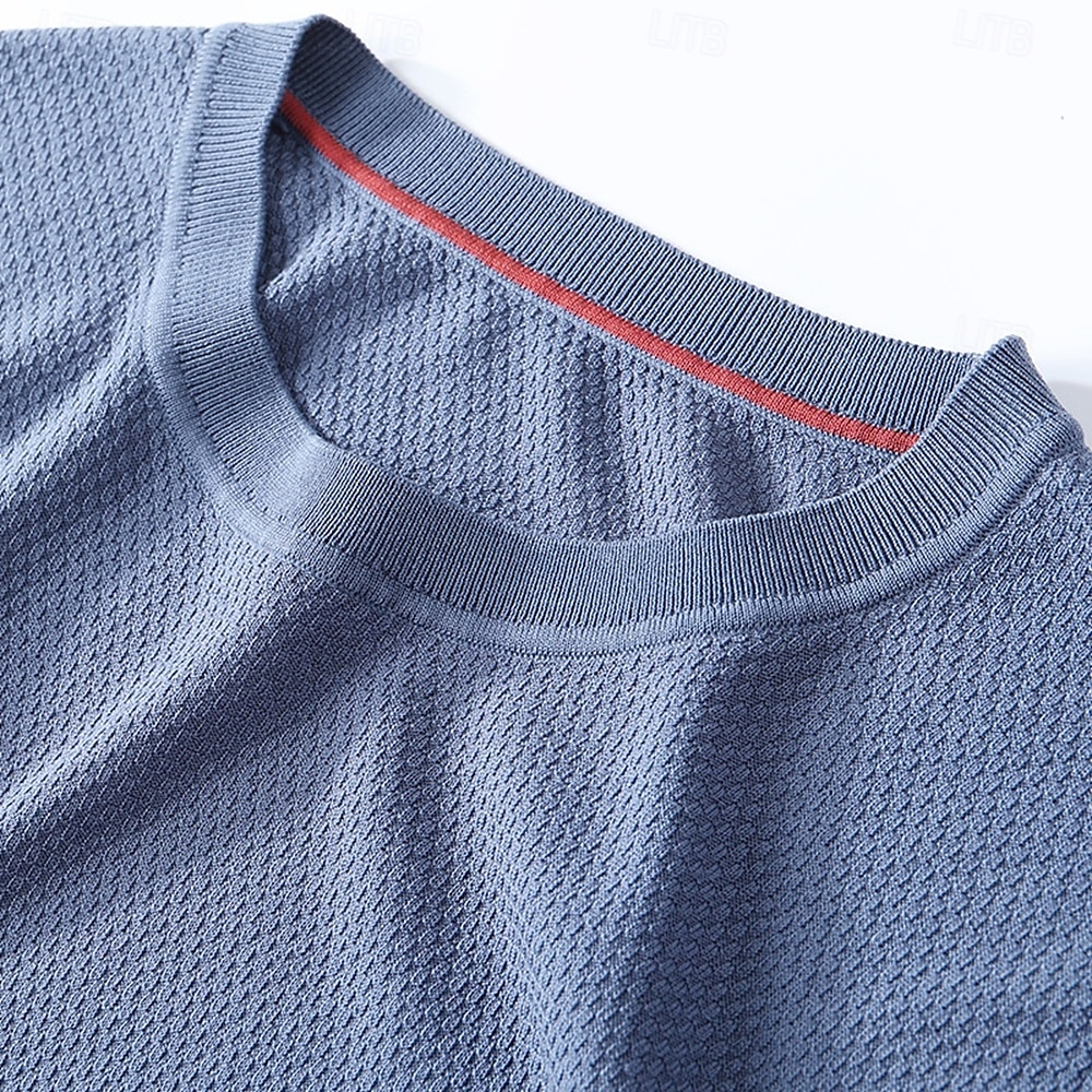 męska jedwabna bawełniana mieszanka lyocellu t-shirt krótki rękaw okrągły dekolt lato gładki żakard elegancki klasyczny okrągły dekolt minimalistyczny wakacje dom bawełna czarny niebieski granatowy top koszulka męska 2025 - $46.99 –P4