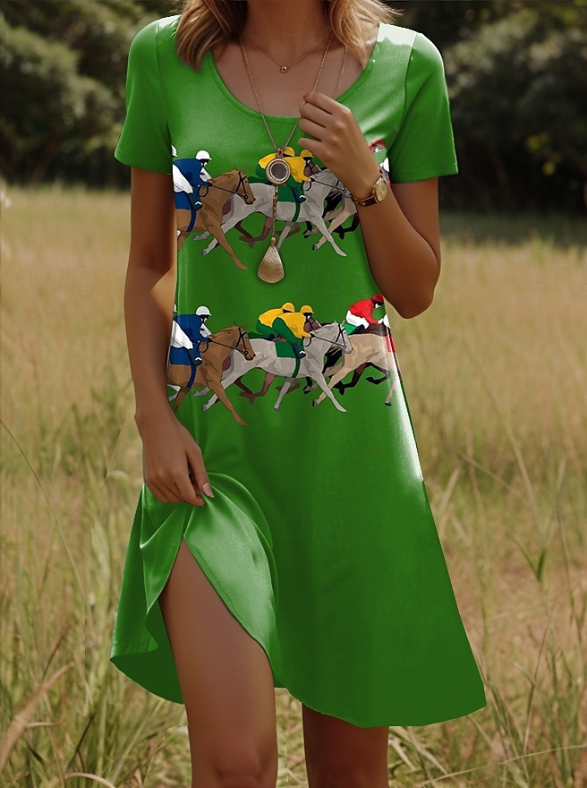 Robe Mini Femme Kentucky Derby Robe A Ligne Robe T-shirt Robe Tee Robe d'Été Décontractée Quotidien Coupe Régulière Graphique Animal Manches Courtes Col Ronde Blanc Été Printemps de 2025 ? $22.99 –P3