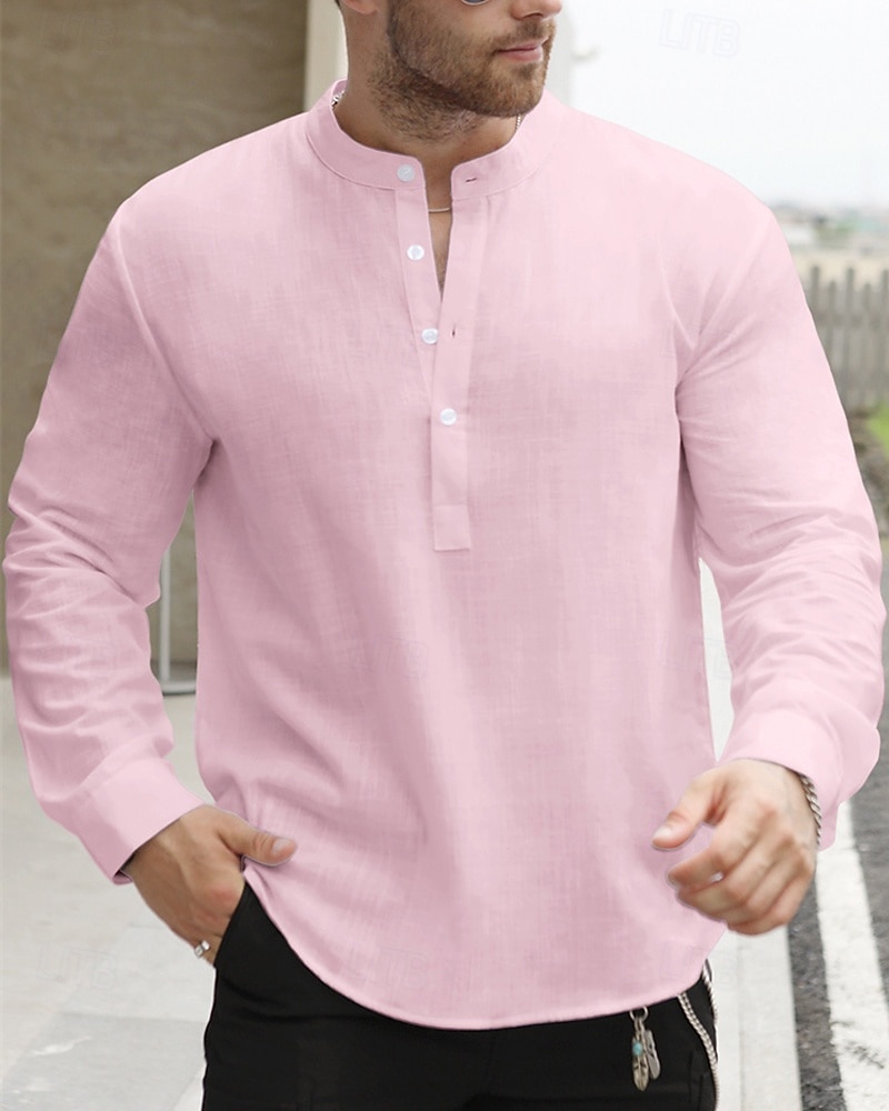 Per uomo Camicia Camicia di lino Camicia popover Camicia casual Camicia di cotone Semplice Vacanza Camicia hawaiana Nero Bianco Giallo Verde chiaro Manica Lunga Colletto alla coreana Primavera Autunno del 2025 a $24.99 –P1