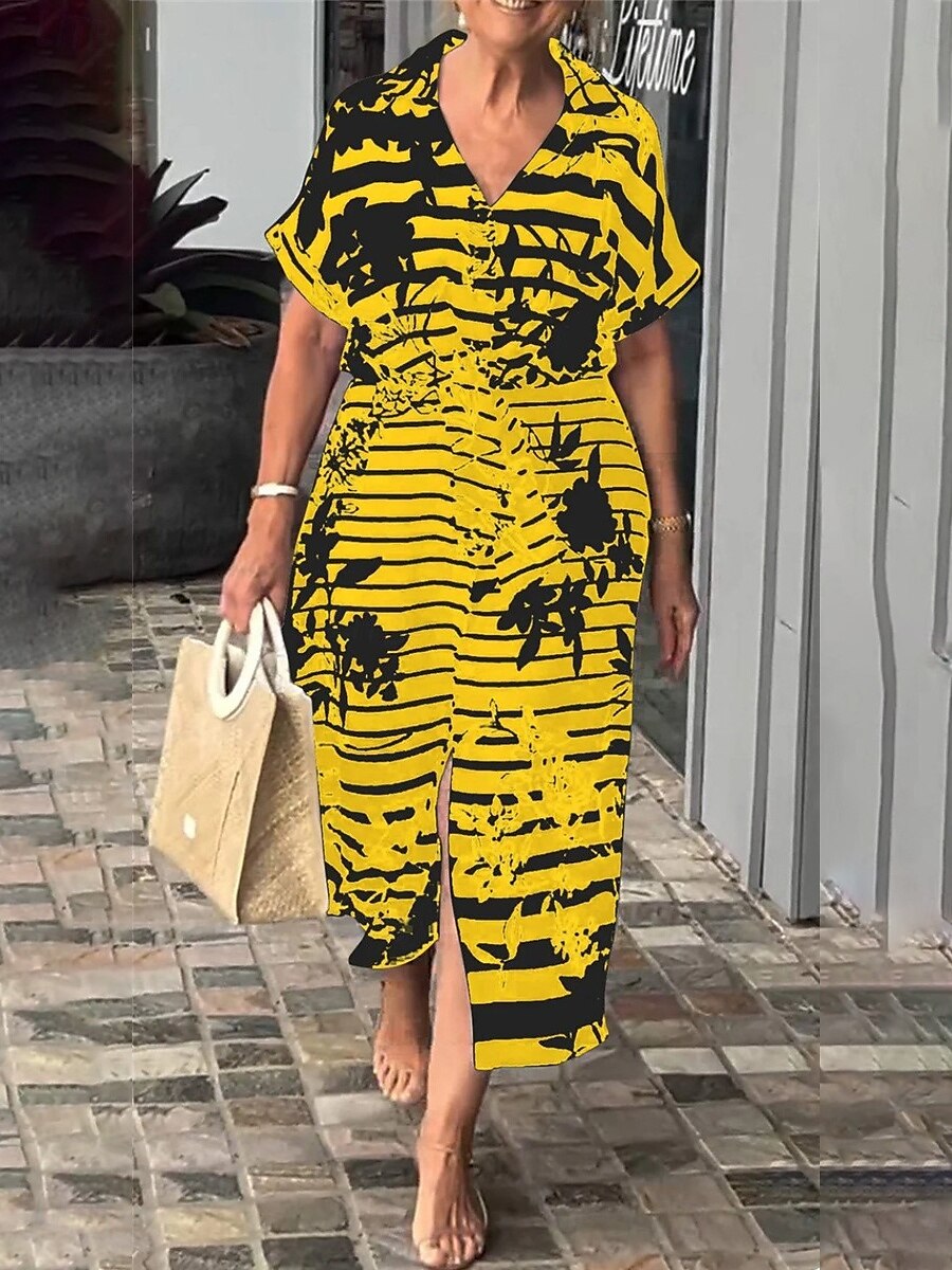Femmes Robe maxi Robe trapèze Robe d'été Occasionnel Quotidien Coupe régulière Fleuri Graphique Rayé Manche Courte Col en V Noir Blanche Jaune bleu marine Été de 2025 ? $39.99 –P5