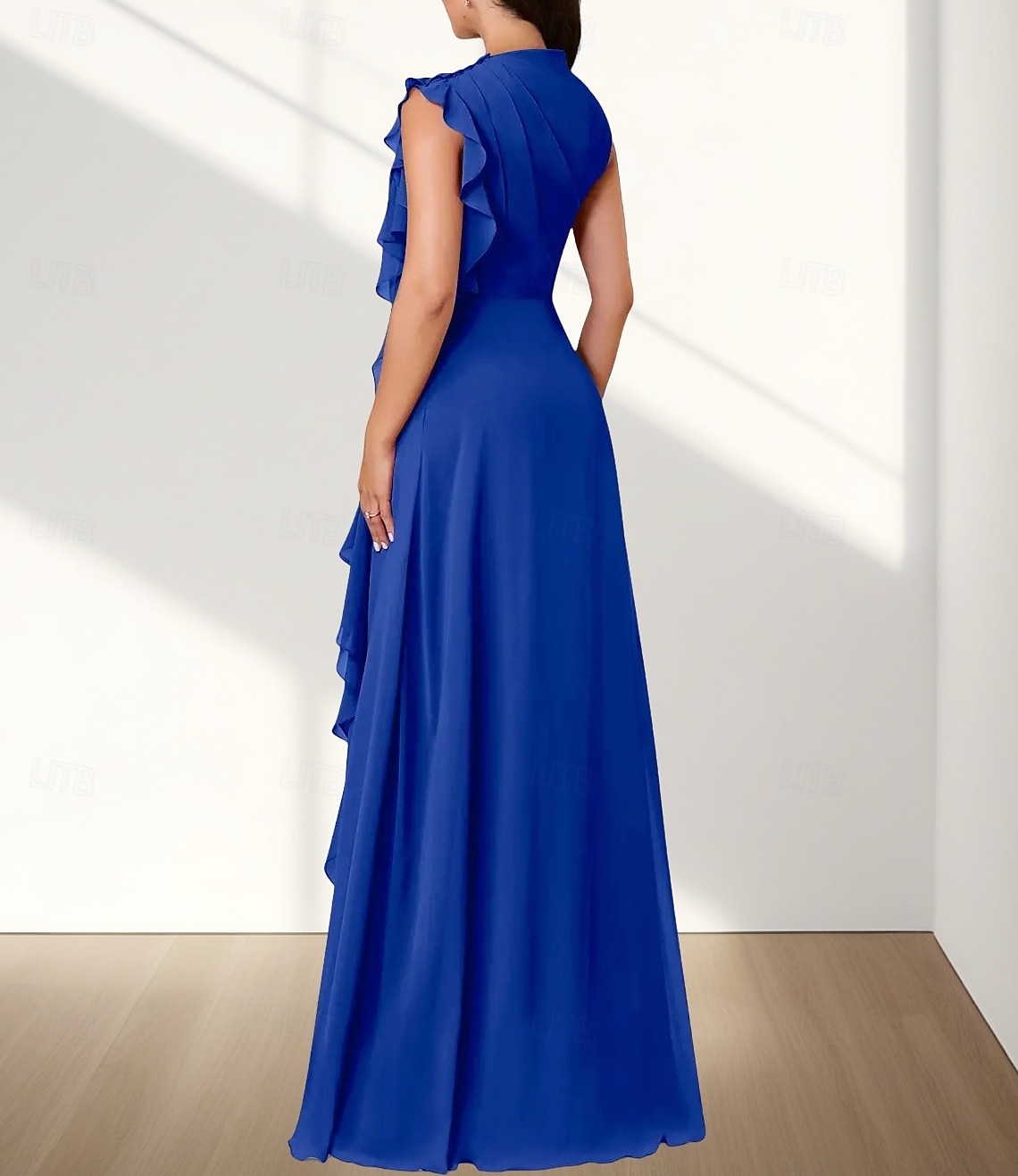 Vestido de dama de honra em corte A, decote redondo, sem mangas, elegante, longo, chiffon com babados / franzido 2025 de 2025 por $157.99 –P5