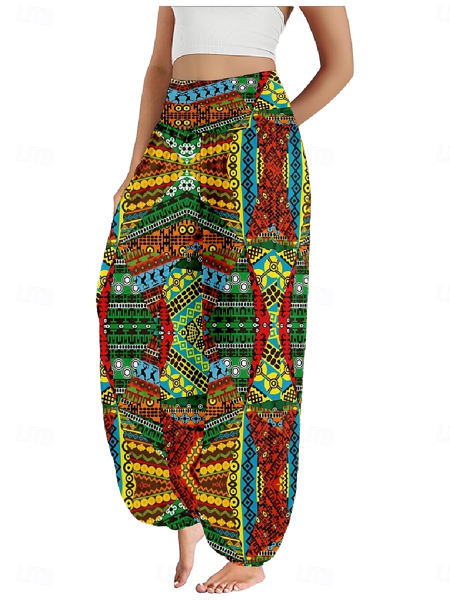 Women's Linen-Inspired Pants Wide Leg Pants Trousers Ethnic Style Casual Boho Full Length High Waist Floral Graphic Pocket Elastic Waist Printing Breathability Soft Micro-elastic Outdoor Yoga Blue 2025 - $21.99 –P4
