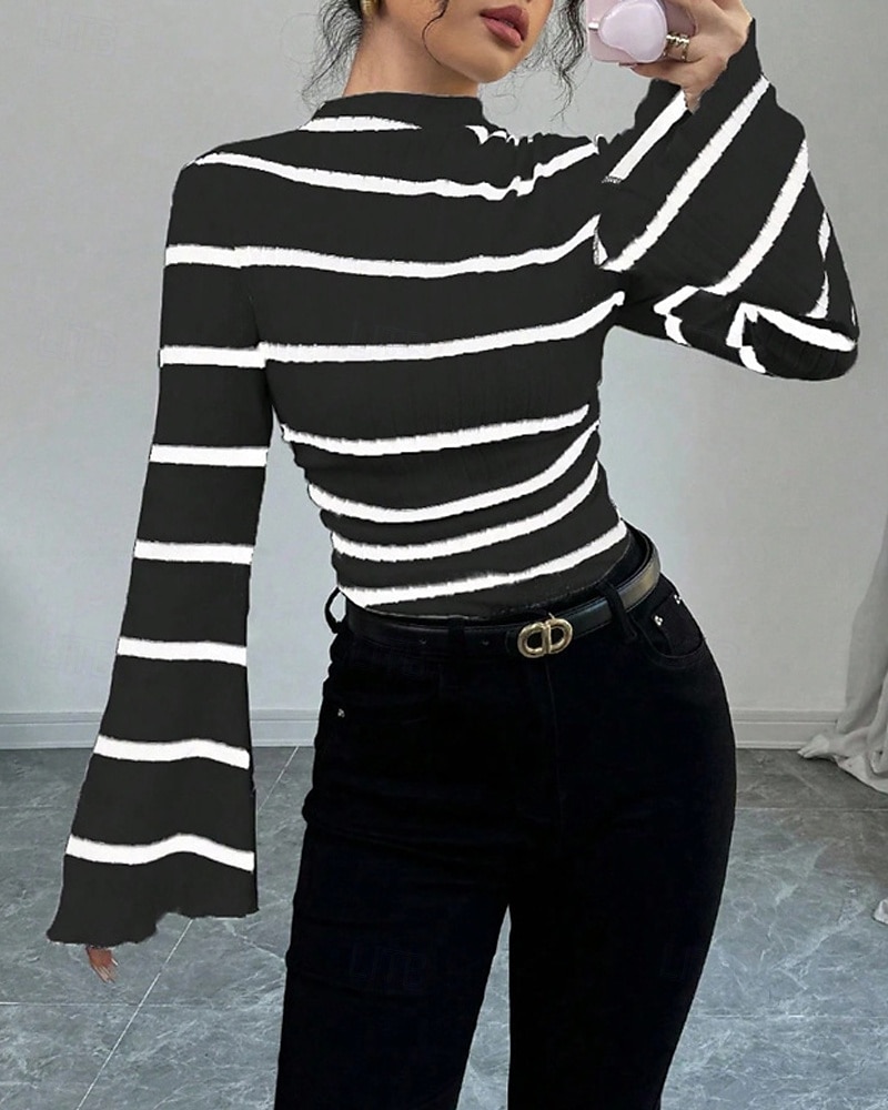 Femmes T-shirt Rayé Mode Moderne manche longue Col haut Hauts Réguliers Quotidien Sortir Noir Blanche Été Printemps de 2025 ? $19.99 –P6