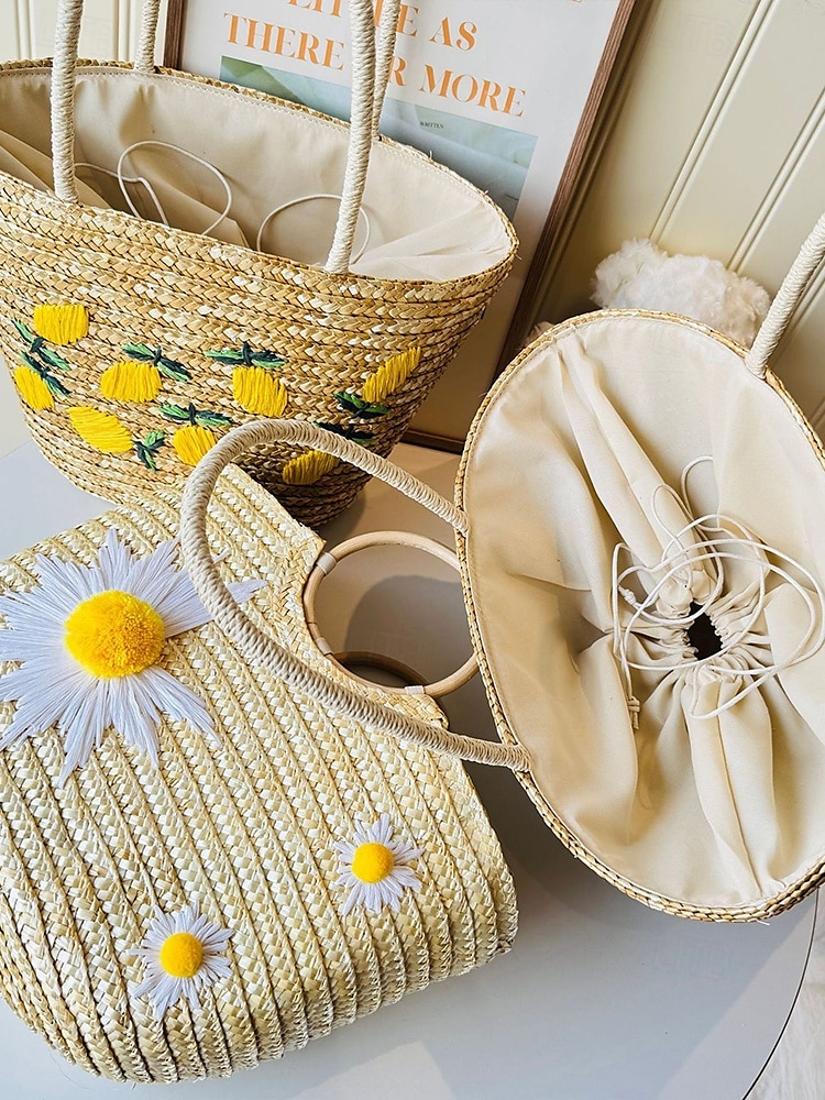 Sac fourre-tout en paille brodé marguerite pour femme - sac fourre-tout de plage d'été avec motif floral, cocotier, citron, style bohème décontracté, adapté aux vacances et à un usage quotidien de 2025 ? $24.99 –P5