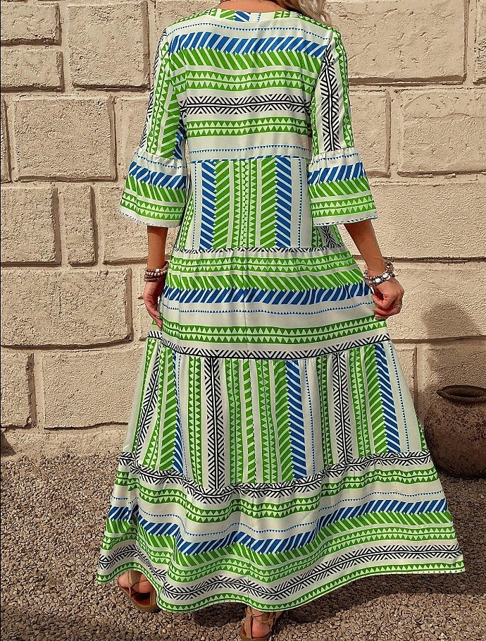 Dame Maxikjole Solkjole Kjole med A-linje Fit And Flare Dress Ferie Fritid Bohem utendørs Fest Ut på byen Normal Grafisk Geometrisk Stamme Ermeløs V-hals Rød Blå Grønn Sommer Vår 2025 - $36.99 –P4