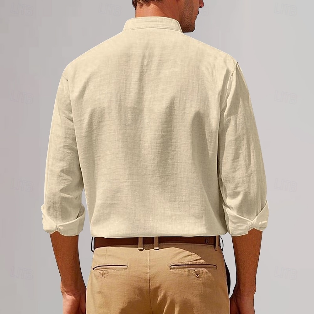Herren Baumwoll-Leinen-Hemd Einfach Urlaub Schwarz Weiß Khaki Dunkelgray Langarm Großvaterkragen Bekleidung Tasche 2025 - $25.99 –P7