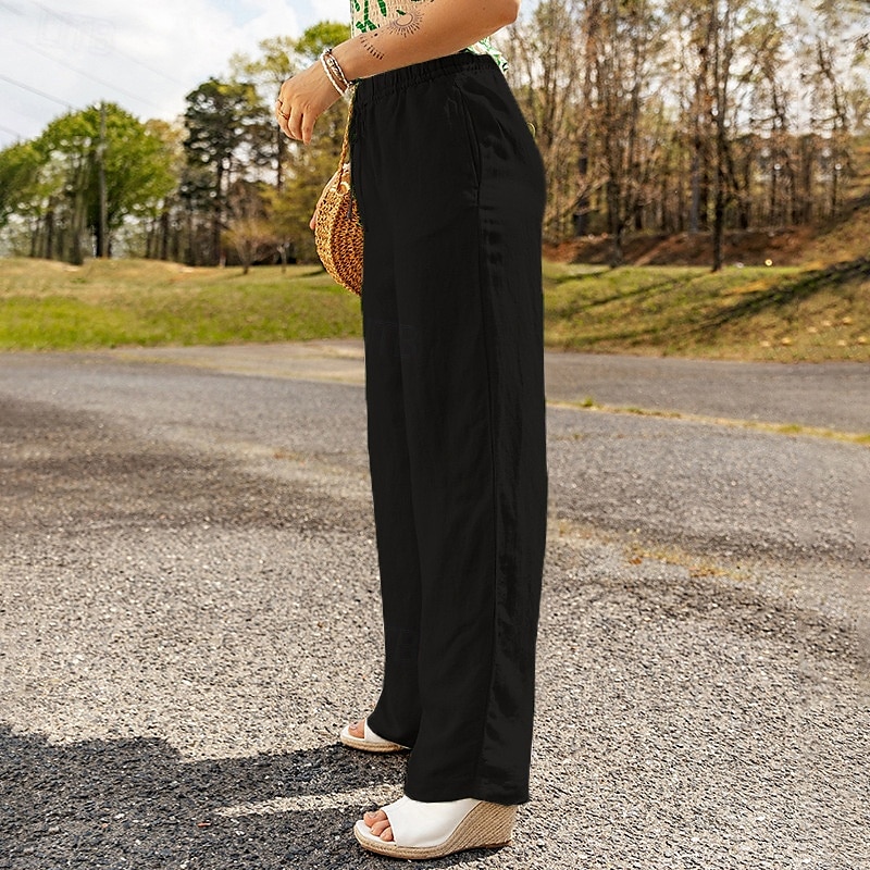 Mulheres Calças de linho de algodão Calças Roupa de rua Casual Comprimento total Natural Tecido Design de cordão elástico Confortável Exterior Roupa Diária Final de semana Preto Azul Marinho Escuro de 2025 por $25.99 –P3