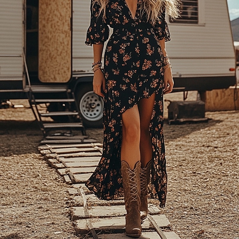 Dámské Midi šaty Vintage šaty Boho šaty Šaty s potiskem Westernové šaty Vinobraní Módní Venkovní Dovolená Rande Běžný Květiny Krátký rukáv Do V Černá Léto 2025 - $25.99 –P4