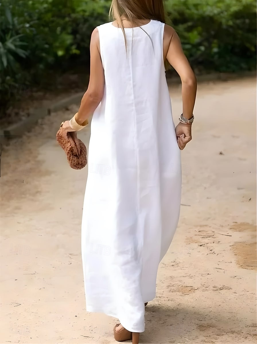 weißes Damenkleid Baumwoll-Leinen-Kleid Maxikleid Urlaubskleid Freizeitkleid modern Alltag Wochenende Regular Fit schlicht V-Ausschnitt Sommer Frühling 2025 - $30.99 –P2