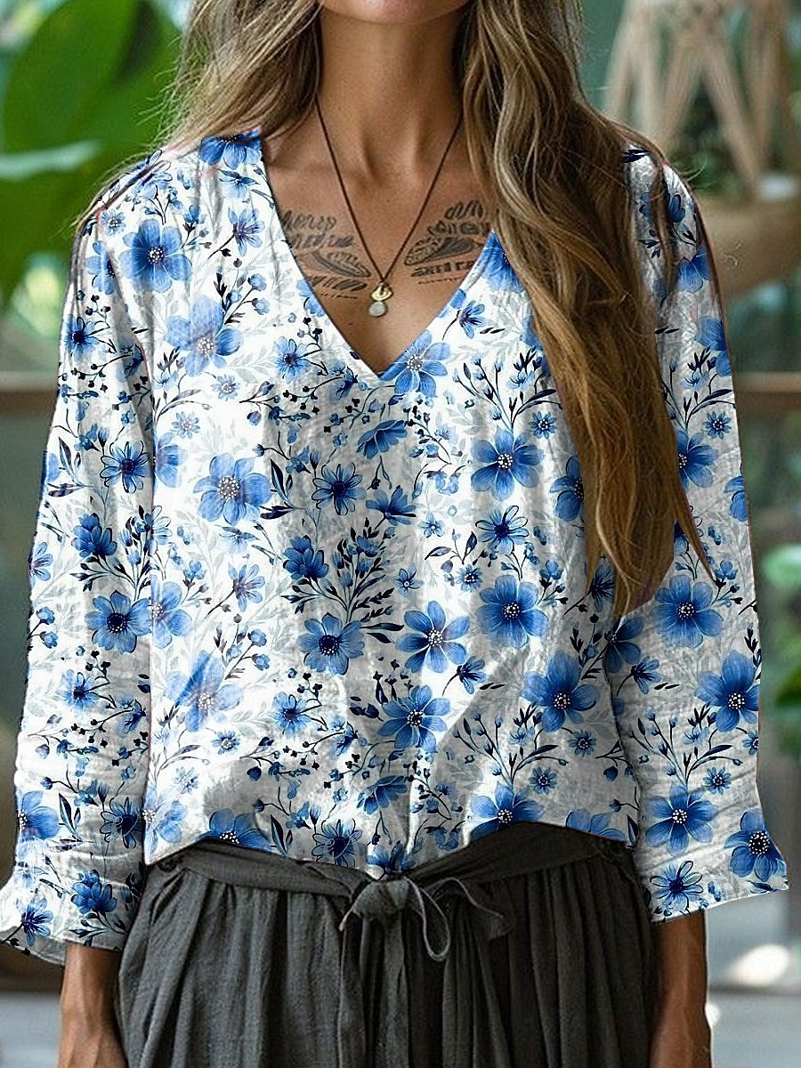 Dame Bluse Blomstret Grafisk Stilfull Fritid 3/4 ermer V-hals Vanlige topper Daglig Rosa Blå Grønn Sommer Vår 2025 - $24.99 –P3