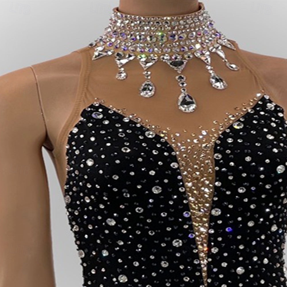 Figure Skating Dress Women's Girls' Ice Skating Dress Black Patchwork Asymmetric Hem Mesh Spandex High Elasticity Training Competition Skating Wear Classic Crystal / Rhinestone Sleeveless Ice Skating 2025 - $181.99 –P2
