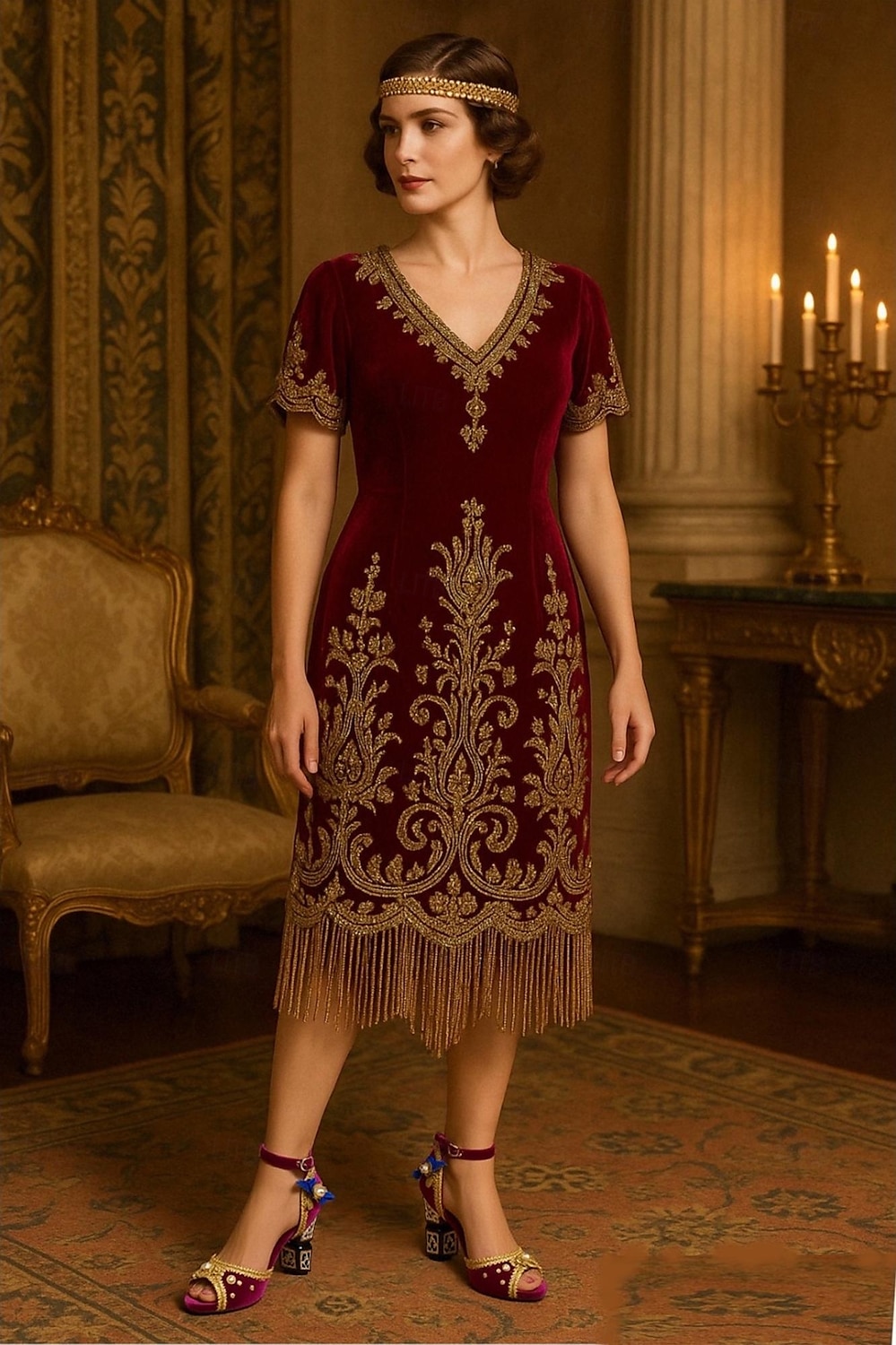 sandali da donna in velluto bordeaux con decorazioni dorate – sandali con cinturino alla caviglia in stile barocco con tacchi a blocco decorativi per eventi formali, feste in maschera e spettacoli teatrali del 2025 a $89.99 –P1