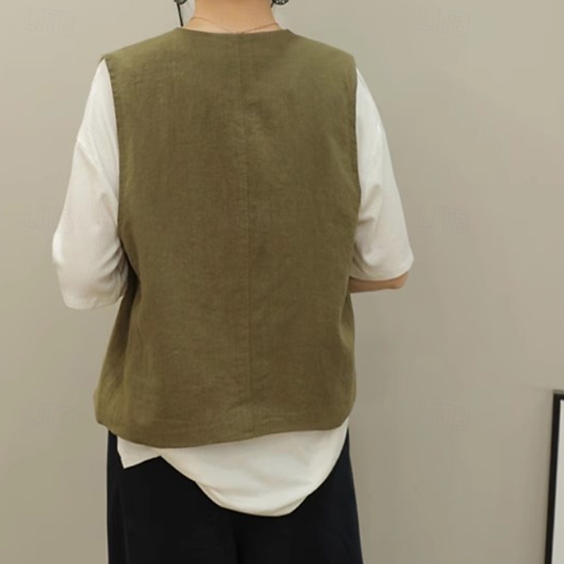 Femmes Chemises inspirées du lin Uni Actif Occasionnel Sans manches Col ras du cou Hauts Réguliers Quotidien Fête Sortir Boutons Avec Poches Noir Vert Abricot Été de 2025 ? $32.99 –P4