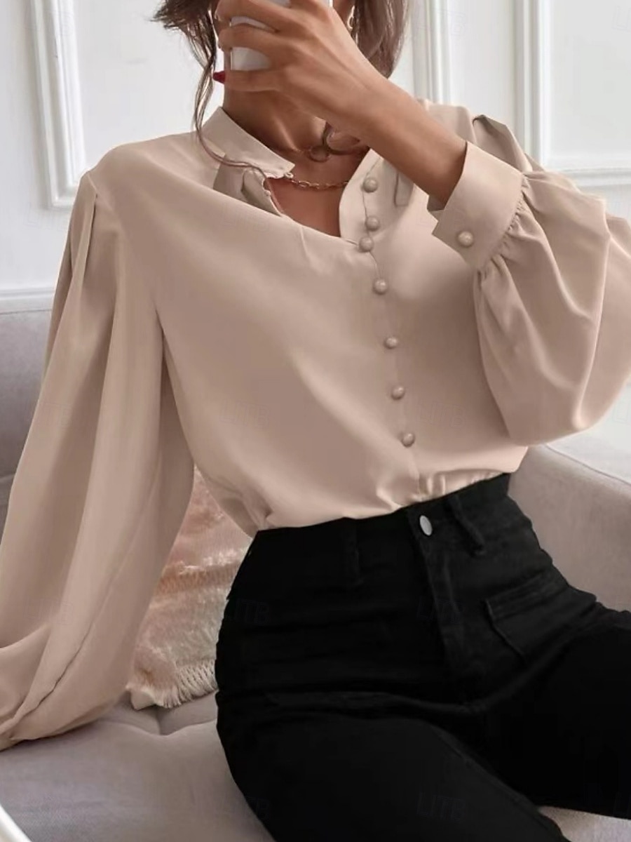 Women's Shirt Solid Color Floral Stylish Basic Casual Long Sleeve Shirt Collar Regular Tops Daily Buttons Black White Blue Khaki Summer Spring 2025 - $22.99 –P1