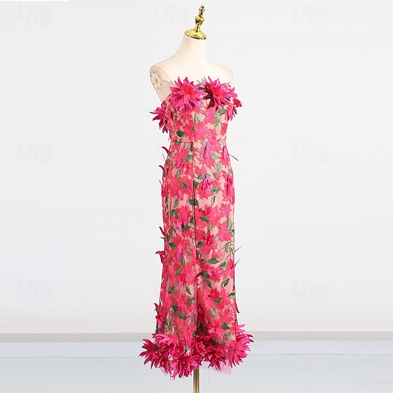Robes Fourreau  Colonne Robe Rose Fuchsia Invité de Mariage Robe de Cocktail Sans Manches Sans Épaule Fleurs avec Dentelle Brodée de 2025 ? $149.99 –P4