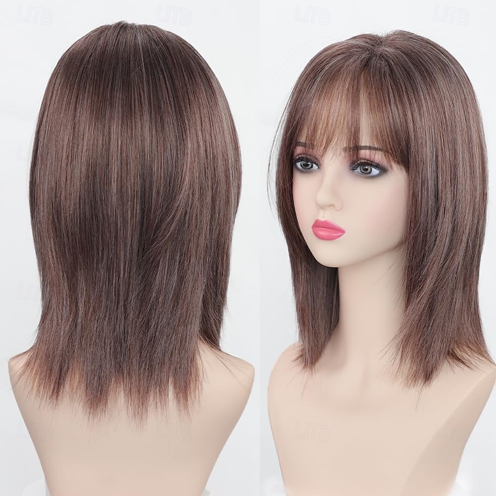 Parrucche corte e lisce per donne bianche, con mèches castane a strati e frangia, lunghezza spalle, in capelli sintetici naturali del 2025 a $25.99 –P2