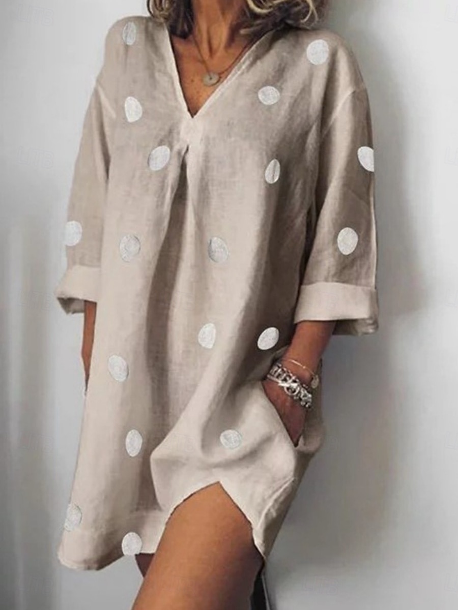 Women's Mini Dress Shift Dress Casual Outdoor Beach Linen Regular Fit Graphic Polka Dot Long Sleeve V Neck White Pink Blue Gray Summer 2025 - $16.99 –P6