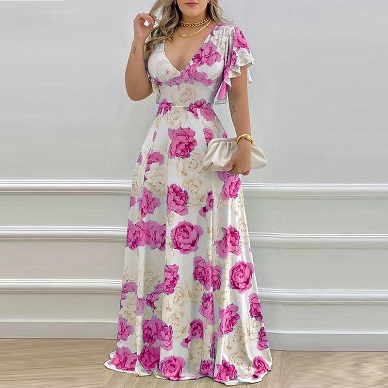 Per donna Abito Lungo Maxi Abito Abito da Cocktail Abito Floreale Abito Stampato Moda Moderno All'aperto Vacanza Ferie Vestibilità regolare Fiore Manica Corta Scollo a V Blu Arancione Rosso rosa del 2025 a $24.99 –P1