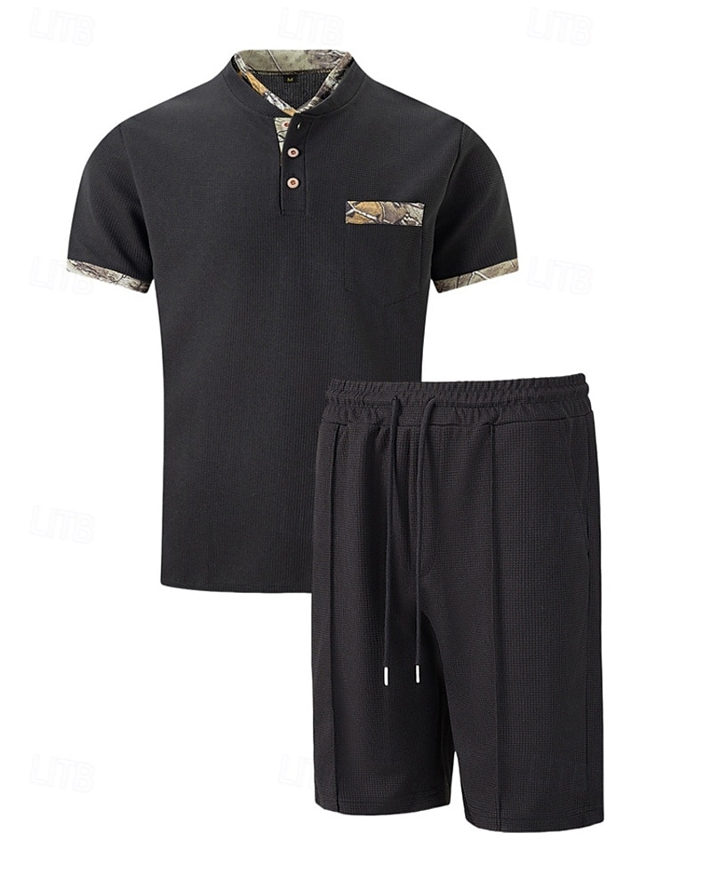 Men's Waffle Shirt T-shirt Suits 2 Pieces Outfits Tee & Shorts Short Sleeve Standing Collar Summer Color Block Fashion Casual 2 Piece Front Pocket Vacation Daily Wear Going out Black White Royal Blue 2025 - $34.99 –P19