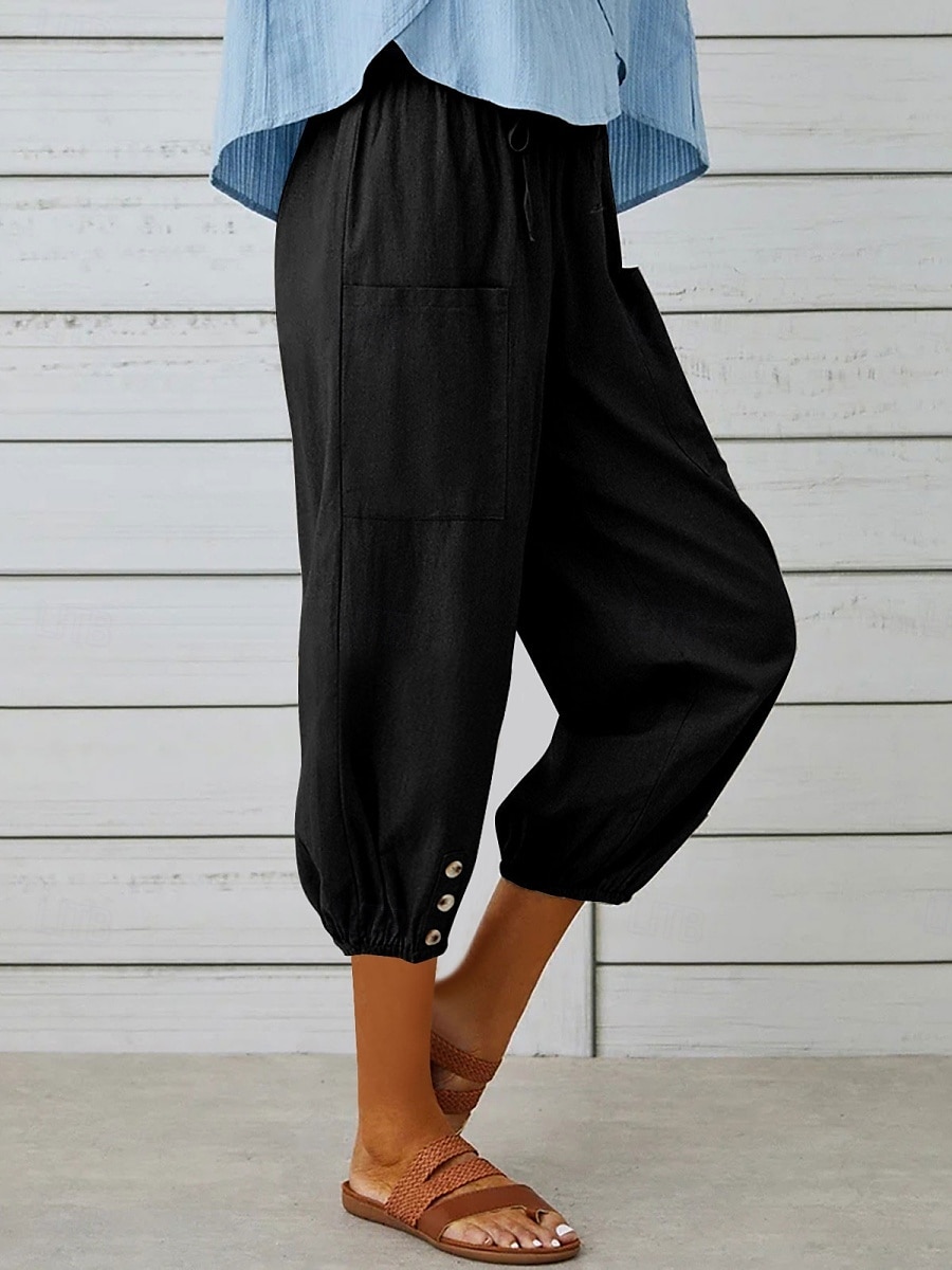Kvinne Capri Bukser Enfarget Chinos Motetrend Etnisk Stil Basic Knelang Høy Midje Vanlig Lomme Snor Komfort Utendørs Mikro-elastisk Ferie Gate Daglig Svart Hvit Khaki Lyseblå 2025 - $19.99 –P5