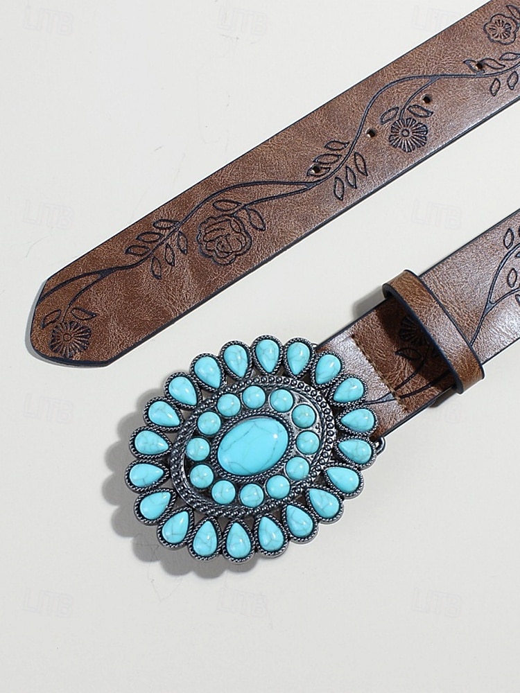 حزام نسائي غربي فيروزي اللون - حزام خصر من الجلد الصناعي منقوش بالورود للروديو والمهرجانات وأزياء البوهو والملابس الكاجوال 2025 - $18.99 –P4