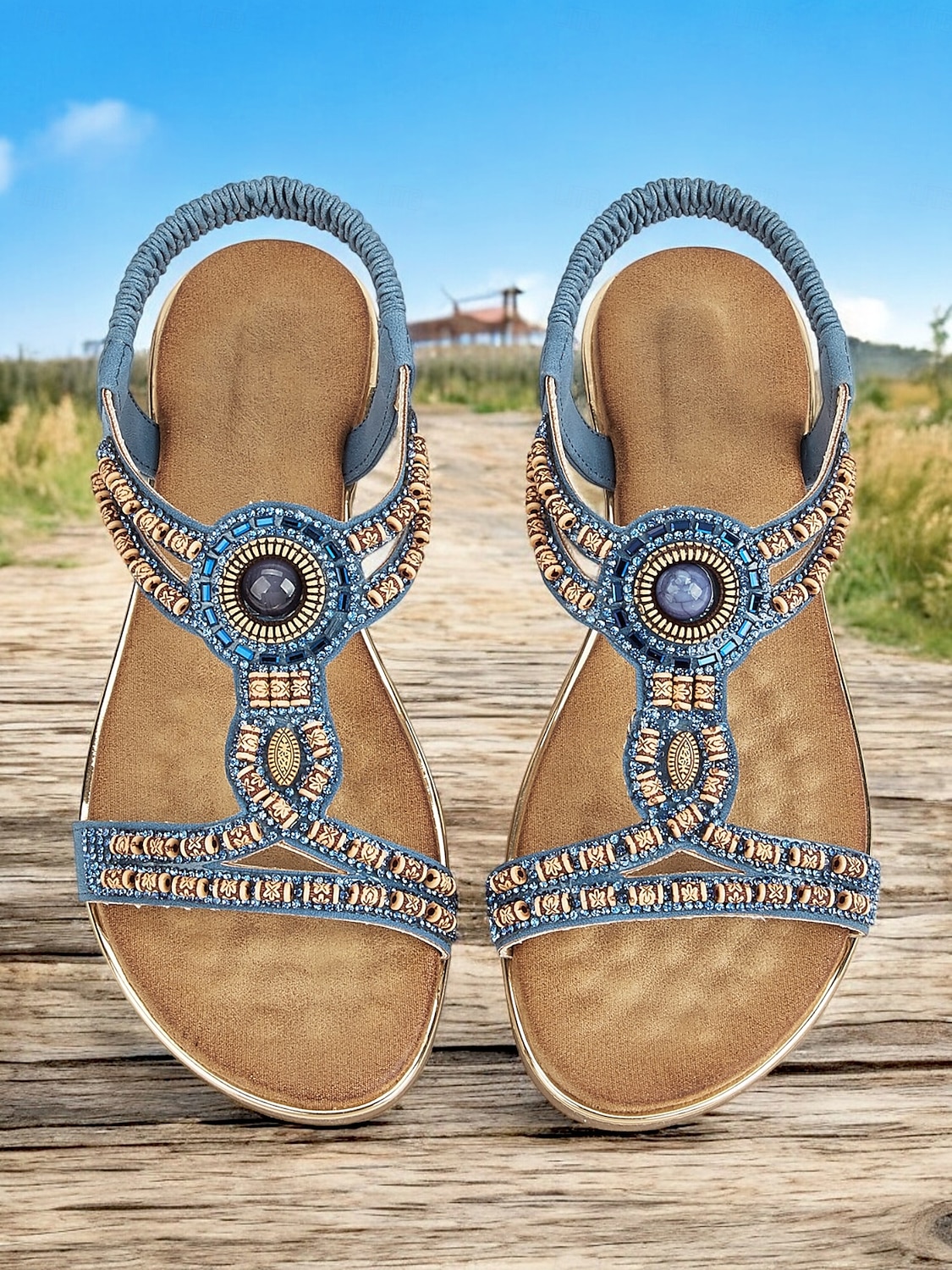 Women's Bohemian Beaded Elastic Slingback Sandals – Blue and Copper Flat Summer Shoes for Walking , Vacation and Beach 2025 - $34.99 –P1