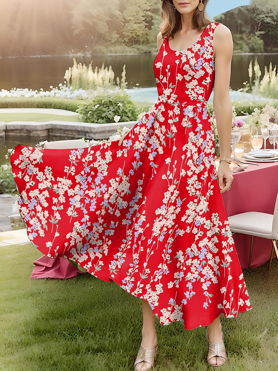 Damen Midikleid Sommerkleid A Linie Kleid Schulterfreies Kleid Urlaub Party Geburtstag Outdoor Party Ausgehen Standard Passform Blumen Grafik Ärmellos U-Ausschnitt Meerblau Rote Himmelblau Sommer 2025 - $35.99 –P1