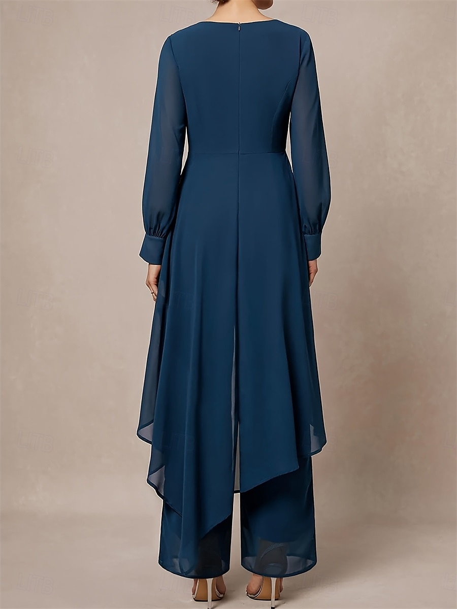 Conjunto Mãe da Noiva Clássico Decote Redondo Barra Assimétrica Manga Longa em Chiffon com Cor Sólida de 2025 por $89.99 –P4