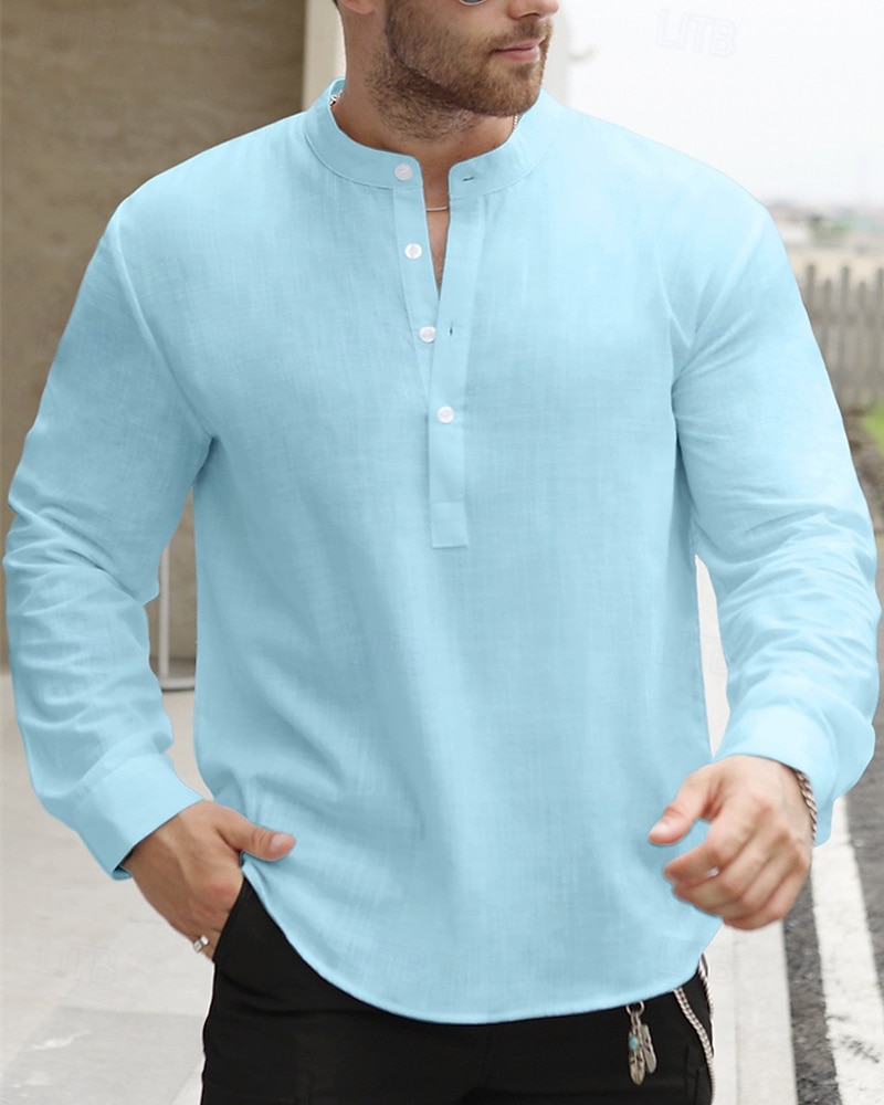 Per uomo Camicia Camicia di lino Camicia popover Camicia casual Camicia di cotone Semplice Vacanza Camicia hawaiana Nero Bianco Giallo Verde chiaro Manica Lunga Colletto alla coreana Primavera Autunno del 2025 a $24.99 –P4