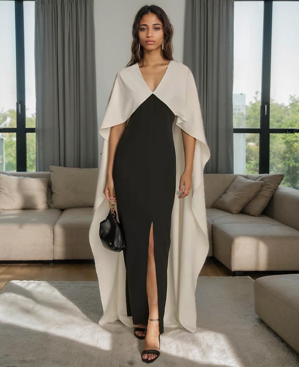 Umhang Kleid Schwarz und Weiß Meerjungfrau  Trompete Abendkleid Elegantes Kleid Formelle Hochzeitsgast Bodenlänge Halber Ärmel V-Ausschnitt Satin mit Schlitz 2025 - $142.99 –P1