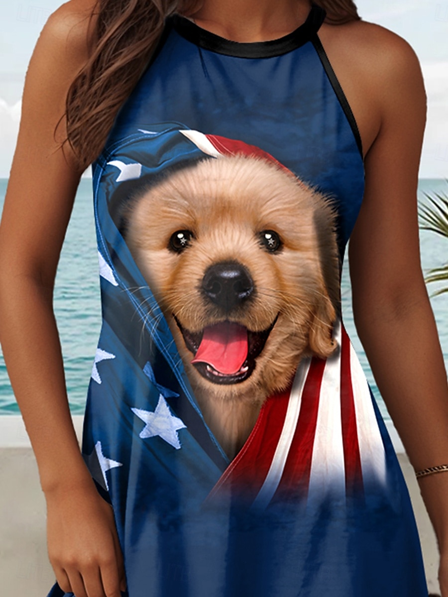 Patriotic Golden Retriever Puppy By Vincent Hie Women's Mini Dress A Line Dress Summer Dress Vacation Casual Beach Daily Regular Fit Sleeveless Halter Neck Blue 2025 - $31.99 –P3