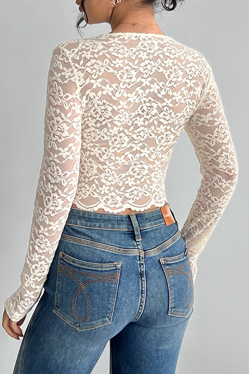 Damen Bluse Spitzentops Einfach Modern Langarm V Ausschnitt Crop Tops Täglich Ferien Ausgehen Spitze Beige Sommer 2025 - $19.99 –P7