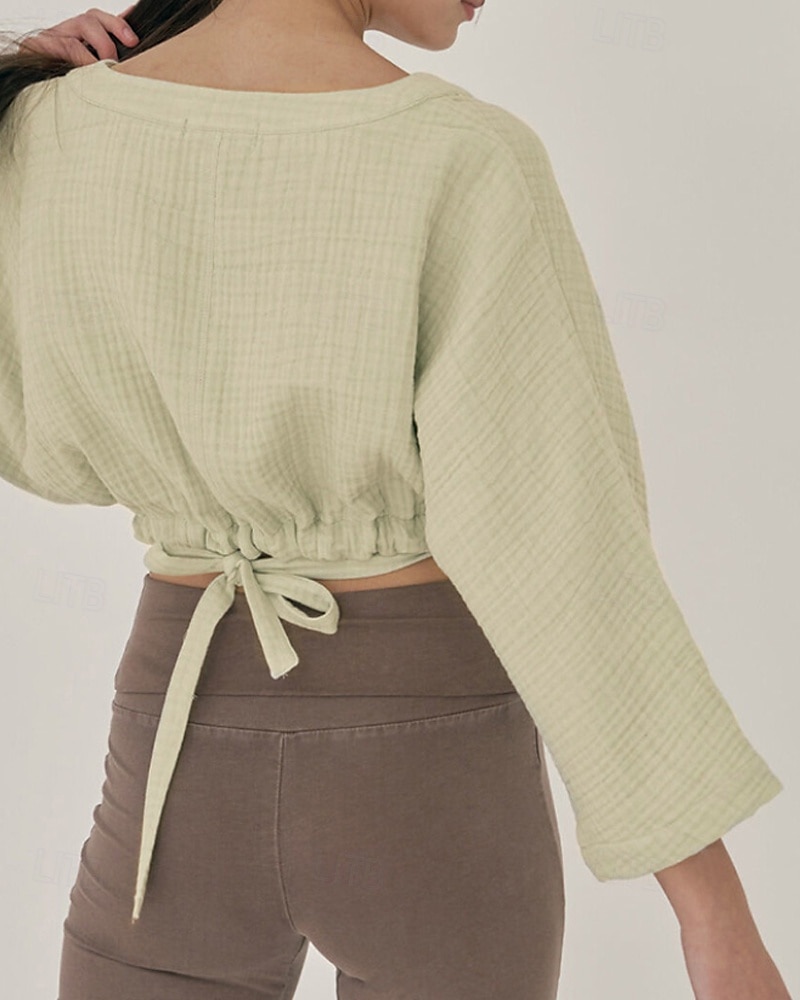 Dame Linskjorte Bluse عادي Fritid Langermet V-hals Crop Tops Daglig Ut på byen knyte foran Hvit Gul Brun Sommer 2025 - $36.99 –P8