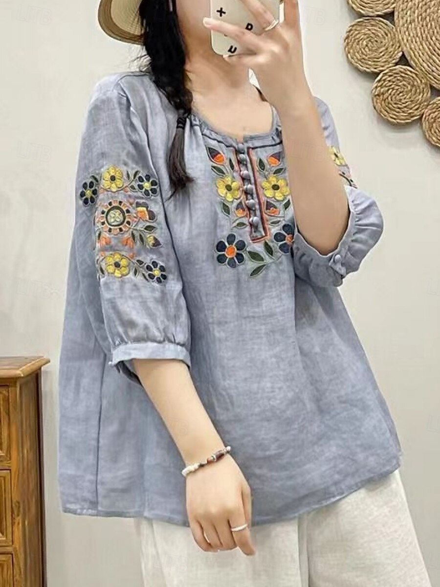 Femmes Chemise Fleuri Élégant Occasionnel Manche 3/4 Col ras du cou Hauts Réguliers Quotidien Broderie Vert Claire Rose Claire Fuchsia Abricot Bleu clair Été Printemps de 2025 ? $19.99 –P17