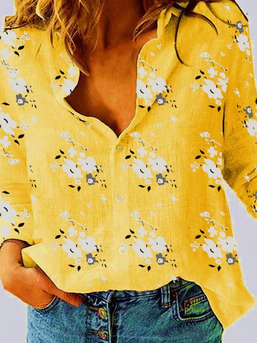 Kvinners bomull-lin skjorte blomster daglig uformell langermet skjorte krage vanlige topper daglig knapper print hvit gul blå sommer 2025 - $19.99 –P4