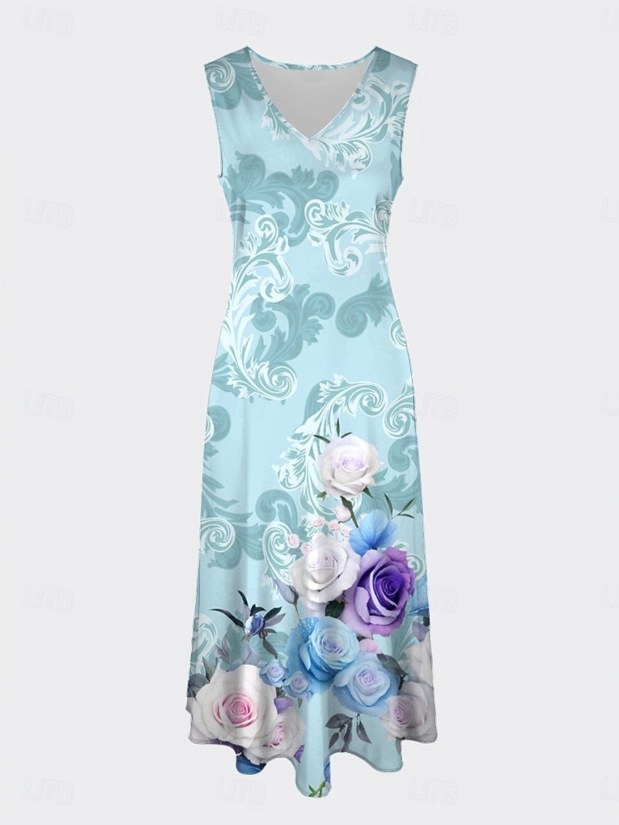 Damen Kleid Set Midi Kleid A-Linien Kleid Sommer Kleid Party Semi Formal Florale Grafik Druck Halbärmel V-Ausschnitt Hochzeitsgast täglich Blau Sommer Frühling Reguläre Passform 2025 - $36.99 –P3